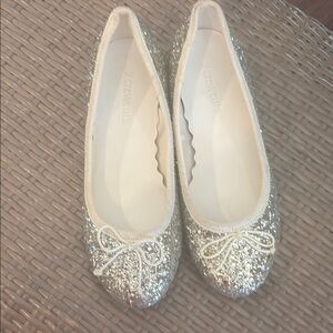 J Crew Silver Glitter Ballet Flats with Bow